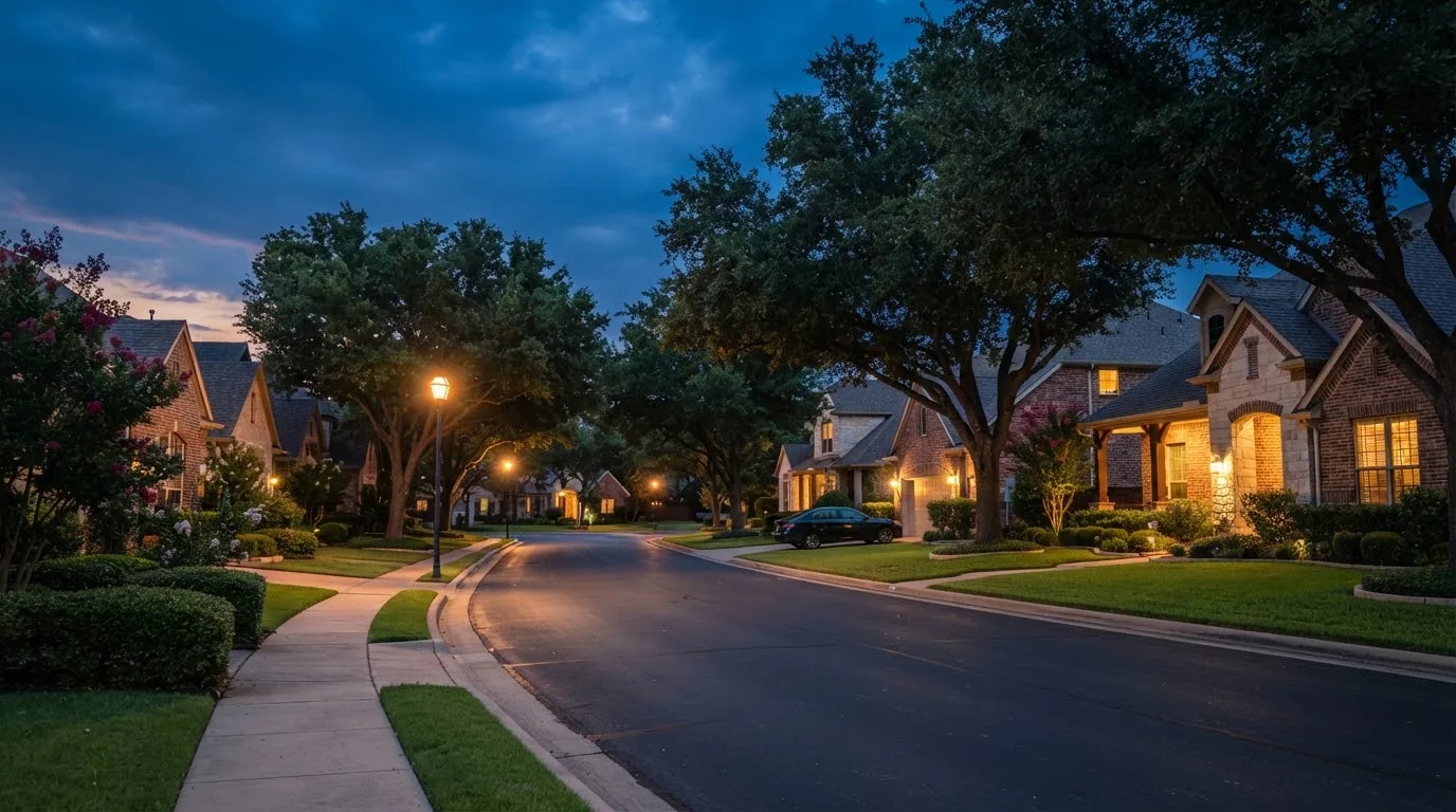 A quiet residential street at dusk, like the neighborhoods served in Austin